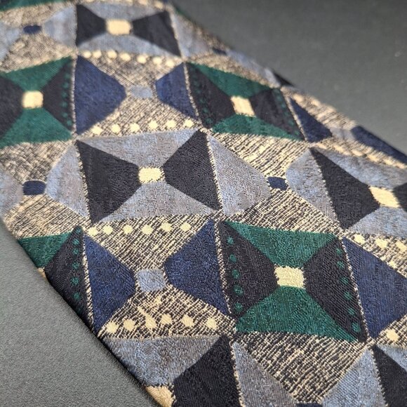 G.J. Cahn Vintage Silk Tie Green & Blue Geometric Pattern 3.5" Width Hand-Sewn - Picture 2 of 5